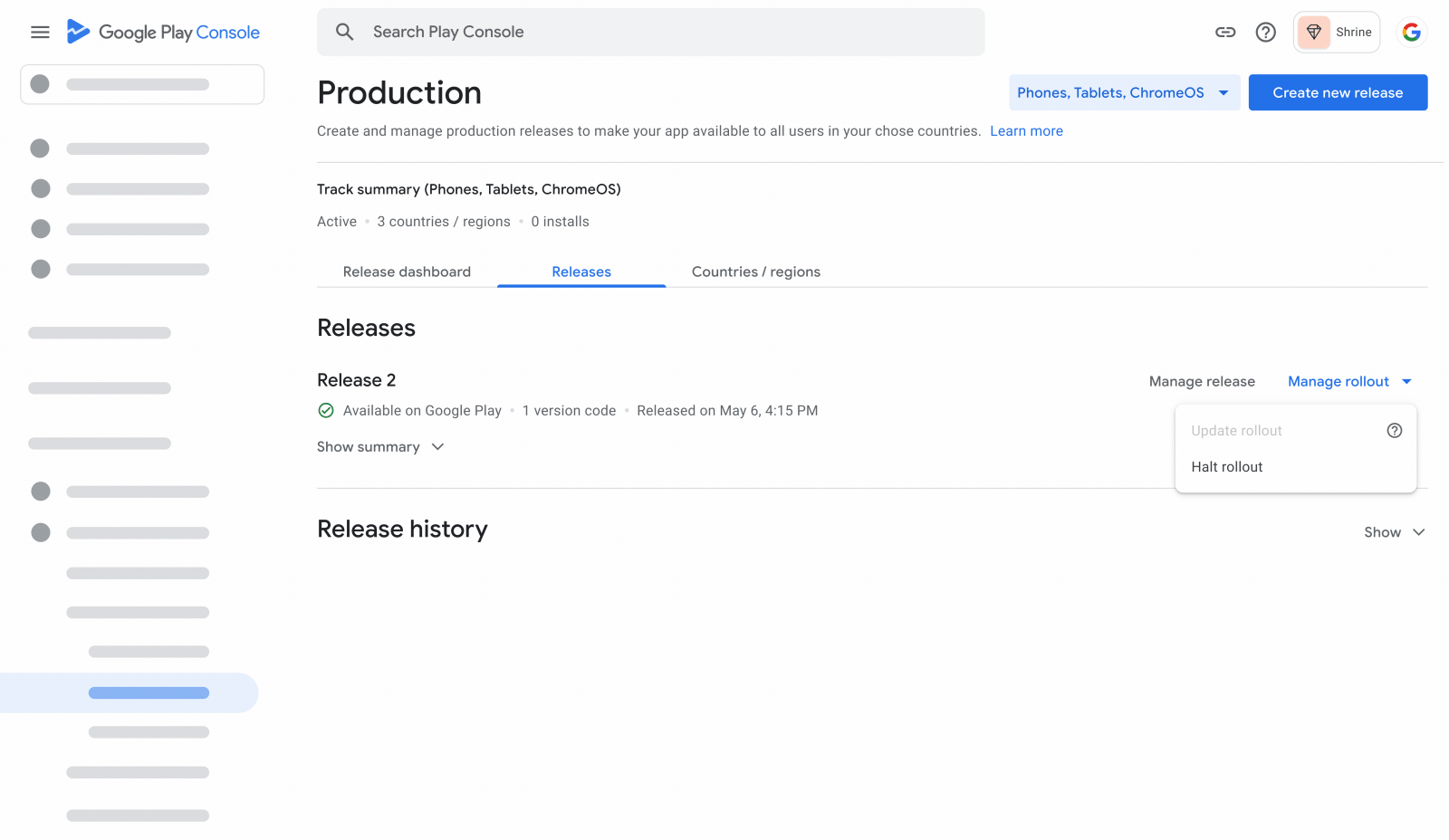 Halt Rollout Option in Play Console