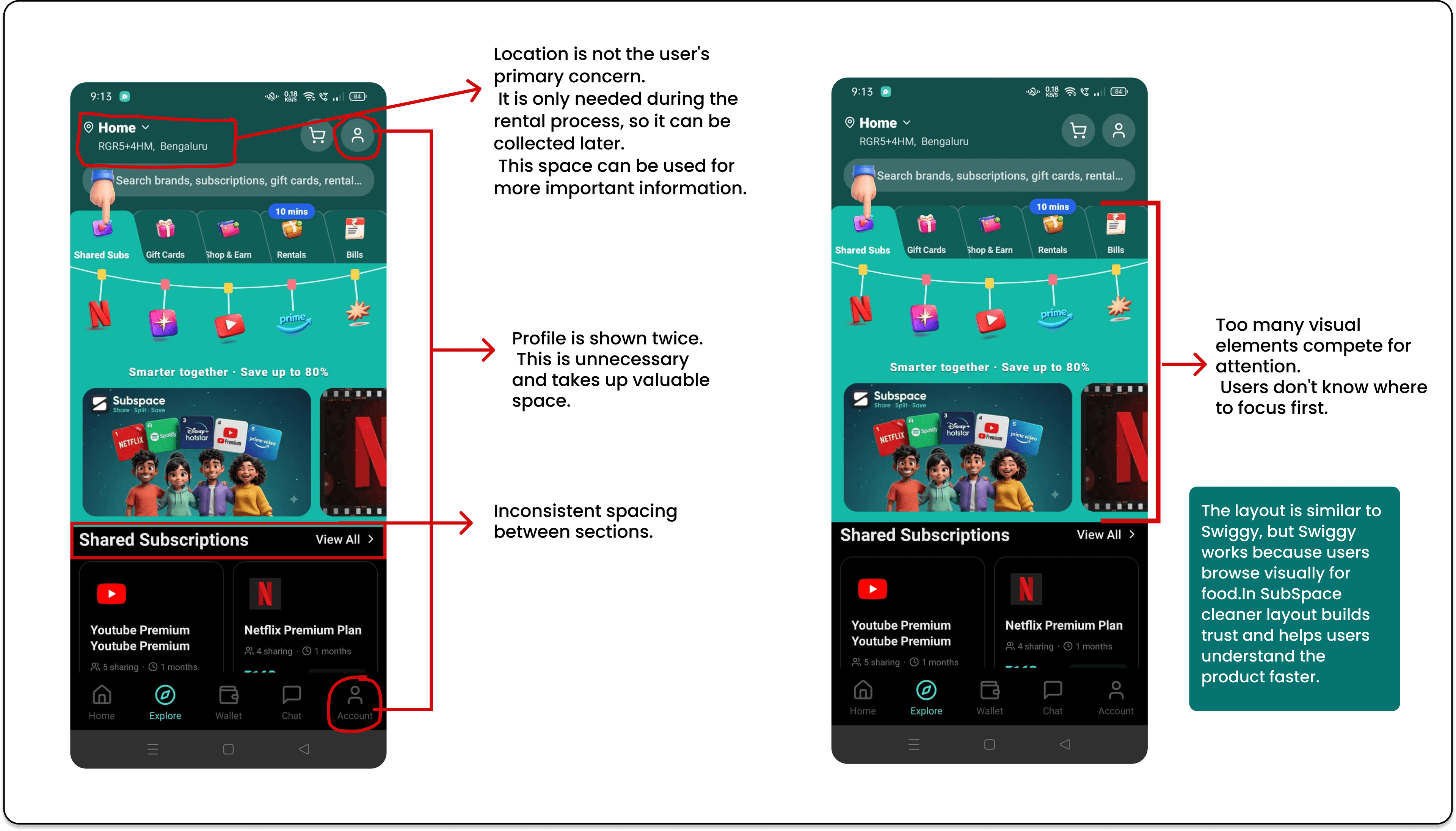 SubSpace app audit showing usability and hierarchy issues